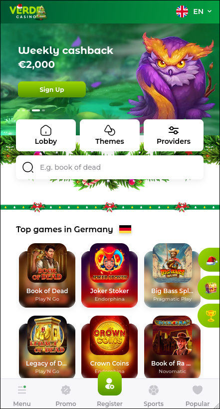 Screenshots der Verde Casino App auf einem Smartphone