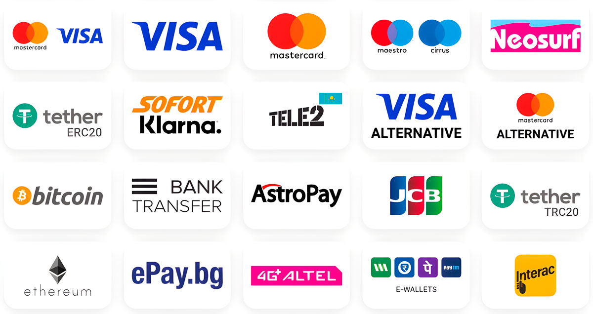 Logos von Zahlungsmethoden: Visa, Mastercard, Bitcoin, E-Wallets