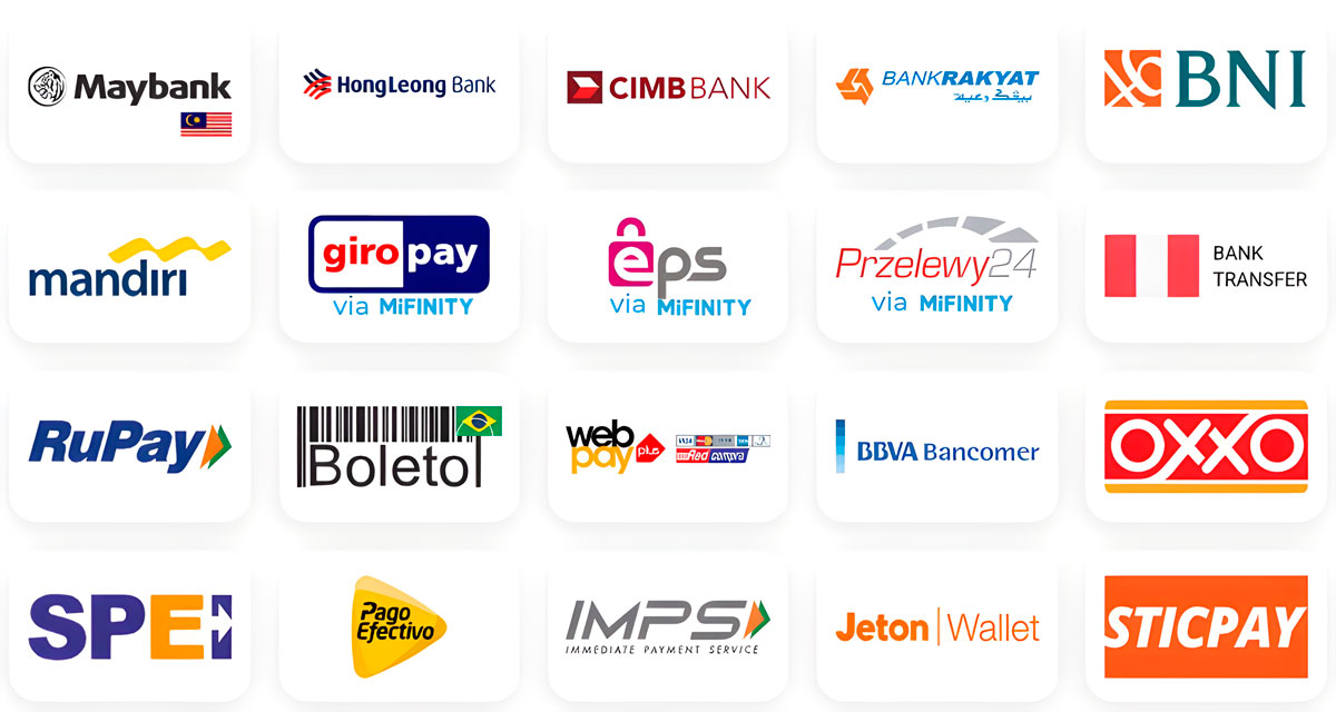 Logos von Zahlungsmethoden: Visa, Mastercard, Bitcoin, E-Wallets