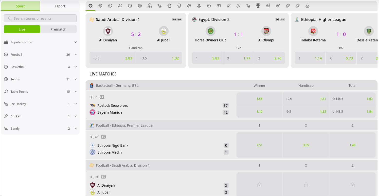 Sportwetten-Oberfläche mit Live-Quoten für Fußballspiele